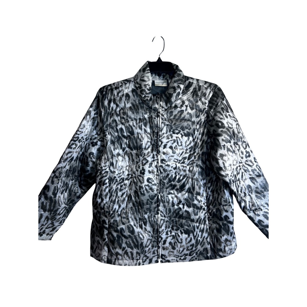 Alfred Dunner Quilted Jacket 18W Gray Leopard Print Full Zip Puffer Women